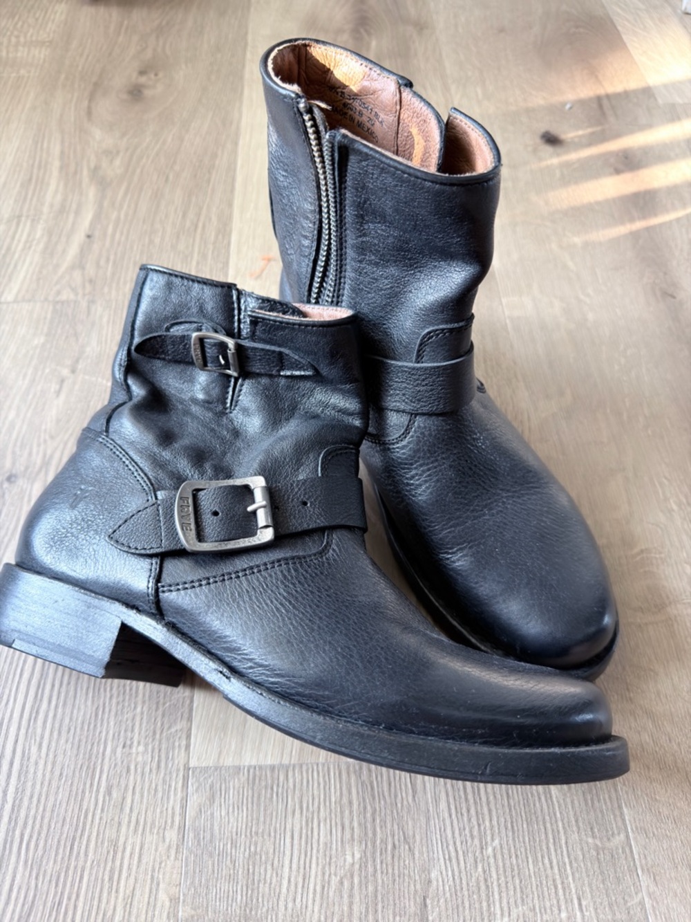 Frye Black Leather Ankle Boots with Buckle